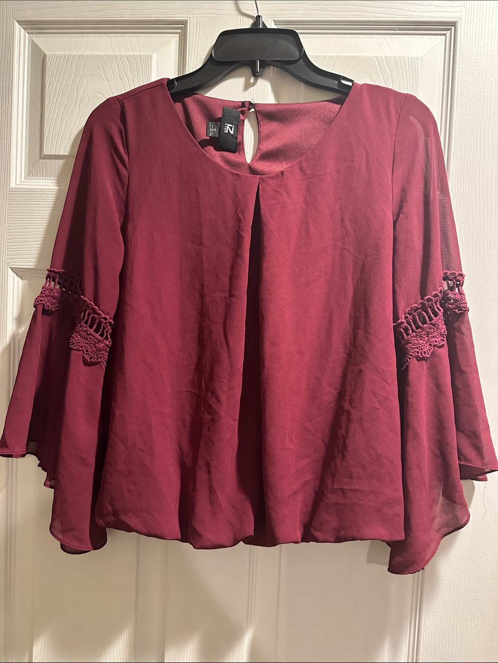 Iz Byer Burgundy Crochet-Trim Bell Sleeve Blouse